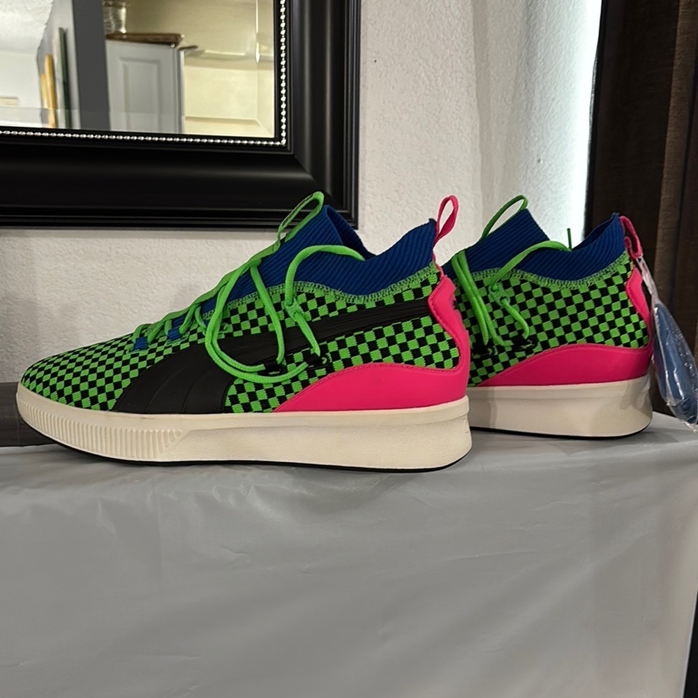 Puma Neon Checkered Sneakers with Black Stripe